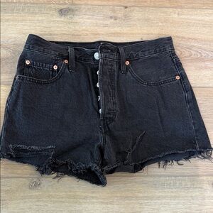 Black High-Rise Distressed Denim Shorts